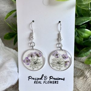 Large Silver Round Earrings With Purple and White Flowers