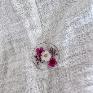Silver Round Necklace With Pink And White Flowers