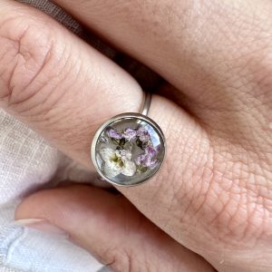 Silver Ring With Purple And White Flowers