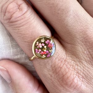 Gold Ring With Tiny Pink And White Flowers