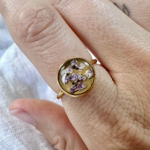 Gold Ring With Small Purple And White Flowers