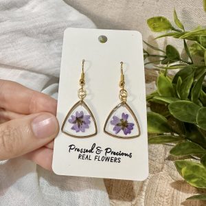 Gold Triangle Earrings With Purple Flowers