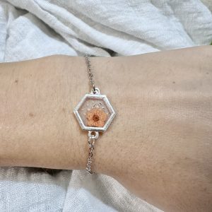 Silver Hexagon Bracelet With Orange and White Flower