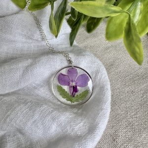 Large Silver Round Necklace With Purple Flower