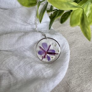 Large Silver Round Necklace With Purple And White Flowers