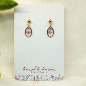 Gold Oval Earrings With Pink Flowers