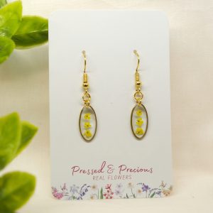 Gold Oval Earrings With Tiny Yellow Flowers