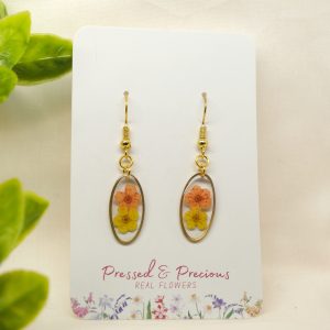 Gold Oval Earrings With Orange And Yellow Flowers