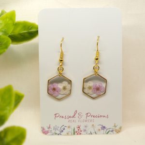 Gold Hexagon Earrings With Purple And White Flowers