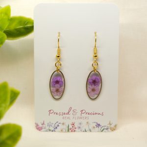 Gold Oval Earrings With Dark And Light Purple Flowers