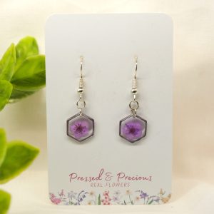 Small Silver Hexagon Earrings With Purple Flowers