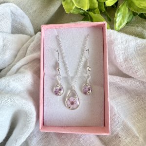 Silver Tear Drop Earrings And Necklace Gift Set With Light Purple And White Flowers