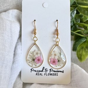 Large Gold Teardrop Earrings With Pink And White Flowers