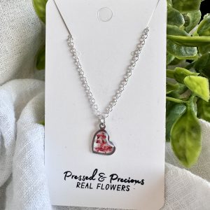 Silver Heart Necklace With Tiny Red Flowers