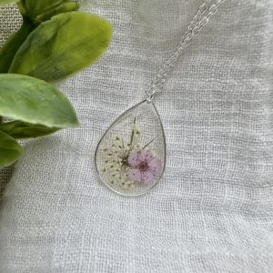 Large Silver Teardrop Necklace With Purple Flower And Queen Ann's Lace