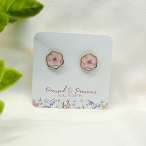 Gold Hexagon Studs With Pale Pink Flowers