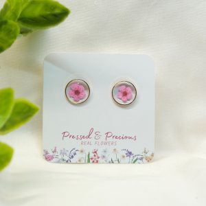 Gold Round Studs With Pink Flowers