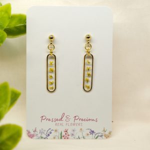 Gold Slim Oval Earrings With Tiny Yellow Flowers