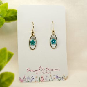 Gold Oval Earrings With Teal Flowers