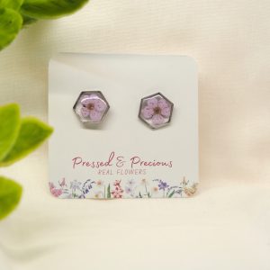 Silver Hexagon Studs With Lilac Flowers