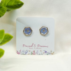 Gold Hexagon Studs With Forget Me Not Flowers