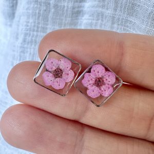 Silver Square Studs With Pink Flowers