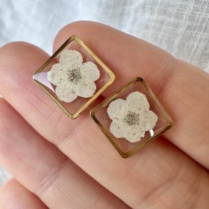 Gold Square Studs With White Flowers