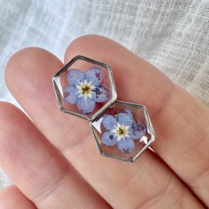 Silver Hexagon Studs With Forget Me Not Flowers