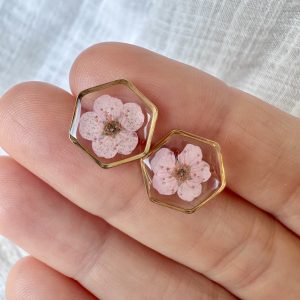 Gold Hexagon Studs With Pale Pink Flowers