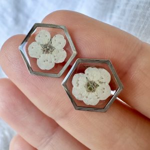 Silver Hexagon Studs With White Flowers