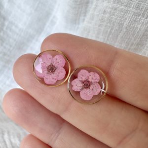Gold Round Studs With Pink Flowers