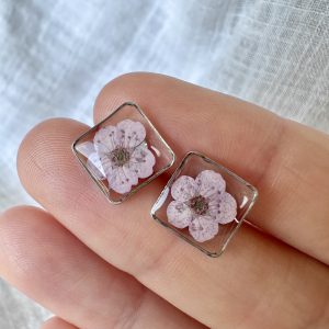 Silver Square Studs With Lilac Flowers
