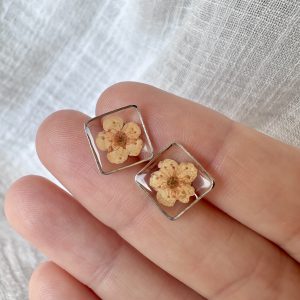 Silver Square Studs With Orange Flowers