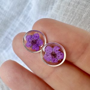 Small Silver Round Studs With Dark Purple Flowers