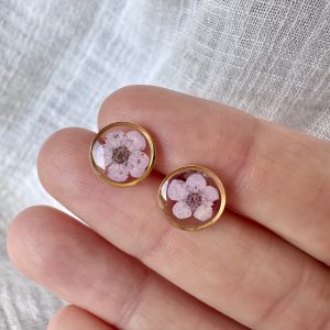 Small Gold Round Studs With Lilac Flowers