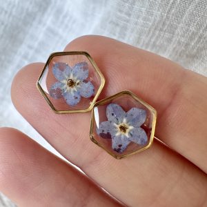 Gold Hexagon Studs With Forget Me Not Flowers