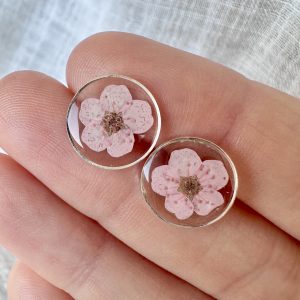Silver Round Studs With Pale Pink Flowers