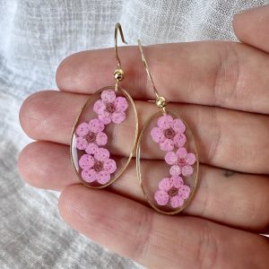 Large Gold Oval Earrings With a Trio of Pink Flowers