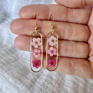 Large Gold Slim Oval Earrings With a Trio of Pink Flowers