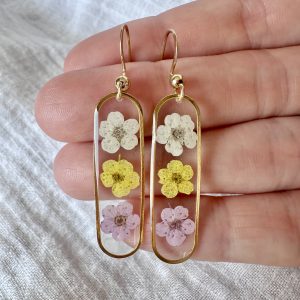 Large Gold Slim Oval Earrings With Lilac, White And Yellow Flowers
