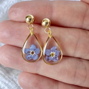 Gold Teardrop Earrings With Forget Me Not Flowers
