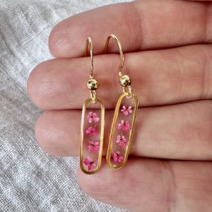 Gold Slim Oval Earrings With Tiny Pink Flowers