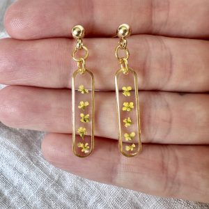Gold Slim Oval Earrings With Tiny Yellow Flowers