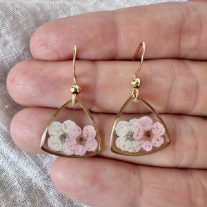 Gold Triangle Earrings With White And Pale Pink Flowers
