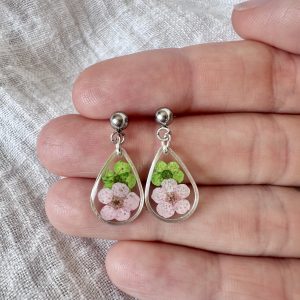 Silver Teardrop Earrings With Green And Pink Flowers