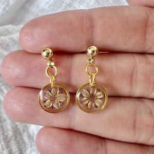 Small Gold Round Earrings With Brown Flowers