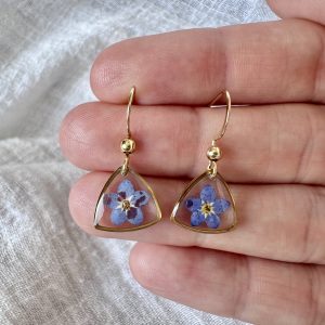 Gold Triangle Earrings With Forget Me Not Flowers