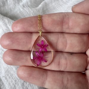Large Gold Teardrop Necklace With Bright Pink Flowers