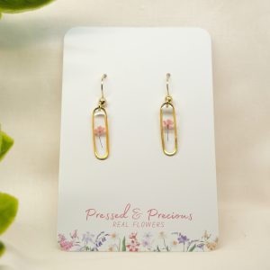 Gold Slim Oval Earrings With Pink Flowers