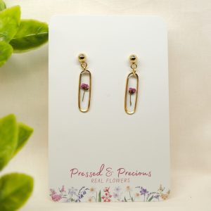 Gold Slim Oval Earrings With Purple Flowers